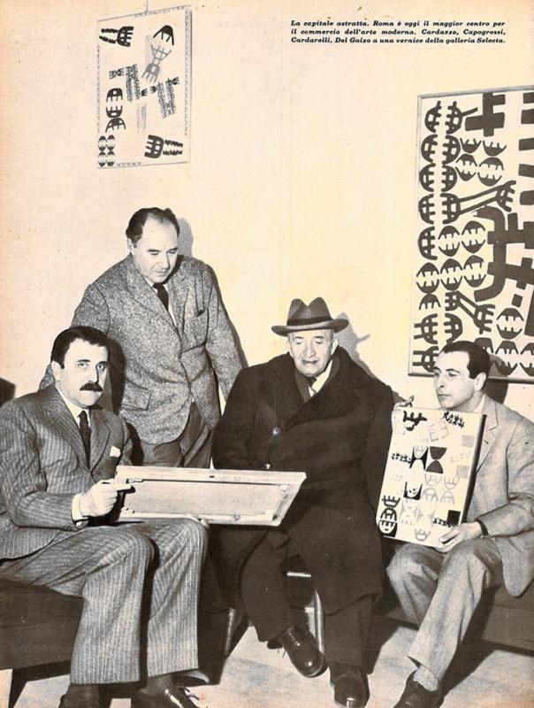 Seconda di copertina - La capitale astratta, maggio - giugno 1957, anno V, n. 3. Nella foto sono presenti Carlo Cardazzo, Giuseppe Capogrossi, Vincenzo Cardarelli e Vittorio Del Gaizo