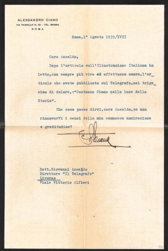 Lettera di Alessandro Ciano a Giovanni Ansaldo, 01-08-1939