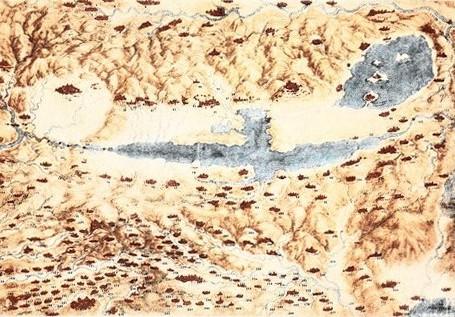 Leonardo da Vinci - carta geografica della zona tra Toscana meridionale e Umbria: orografia a sfumo, acque in azzurro, paesi e città indicati con piccole vedute prospettiche - p. 56