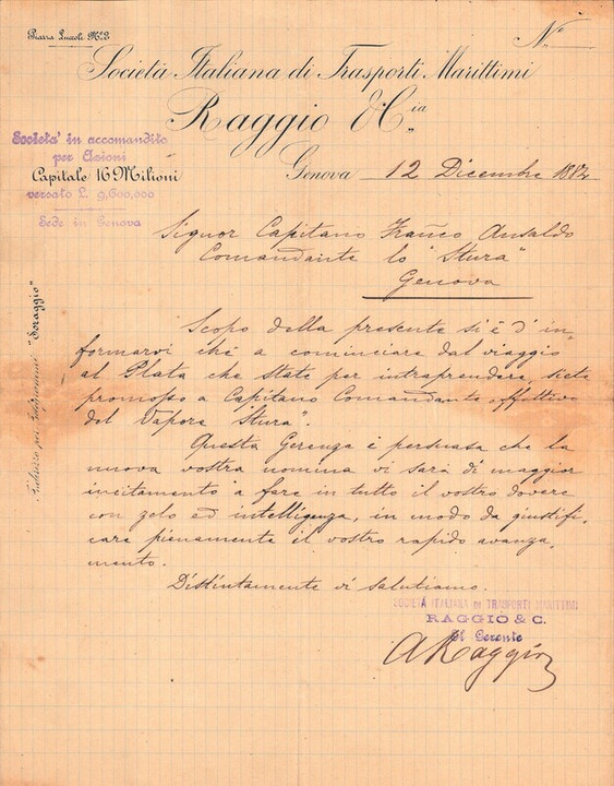 Comandante del vapore Stura, 12-12-1884