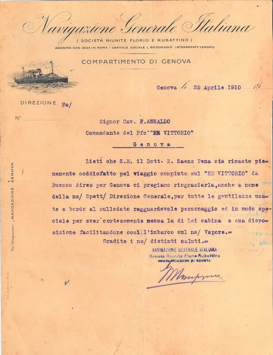 Presidente argentino a bordo del Re Vittorio, 25-04-1910