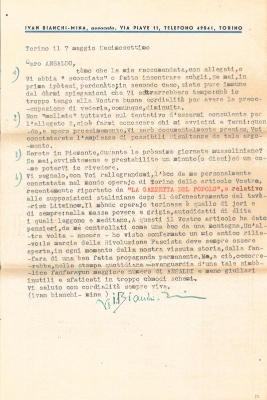 Lettera di Ivan Bianchi-Mina a Giovanni Ansaldo, 07-05-1939 (1)