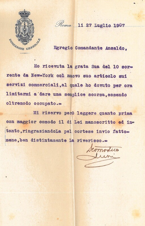 Lettera al capitano sulla pubblicazione dei suoi articoli sulla Marina Mercantile, 27-07-1907