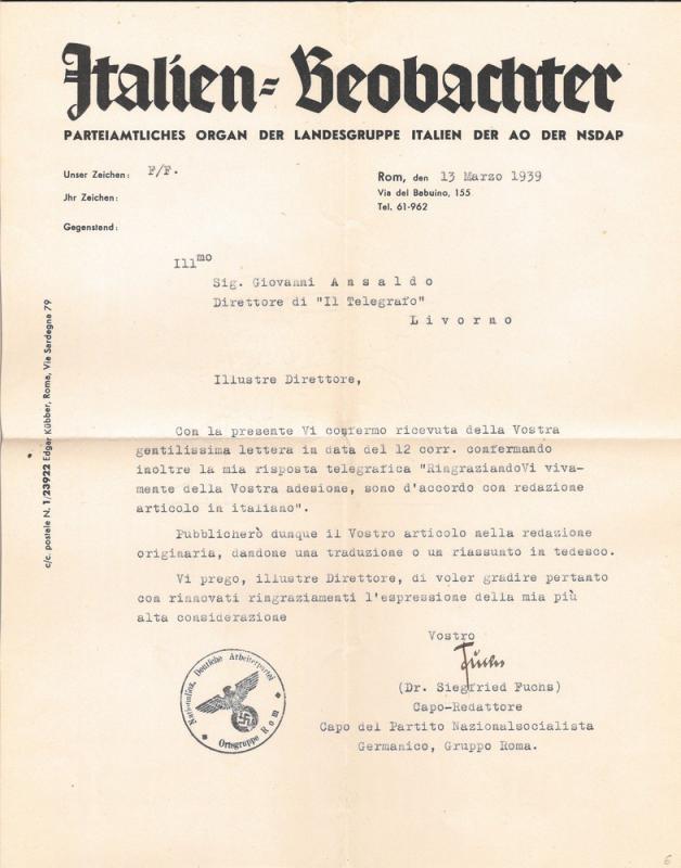 Lettera di Siegfried Fuchs a Giovanni Ansaldo,  13-03-1939