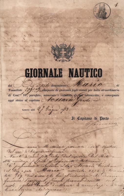 Frontespizio -giornale nautico di navigazione del brigantino a palo Mario