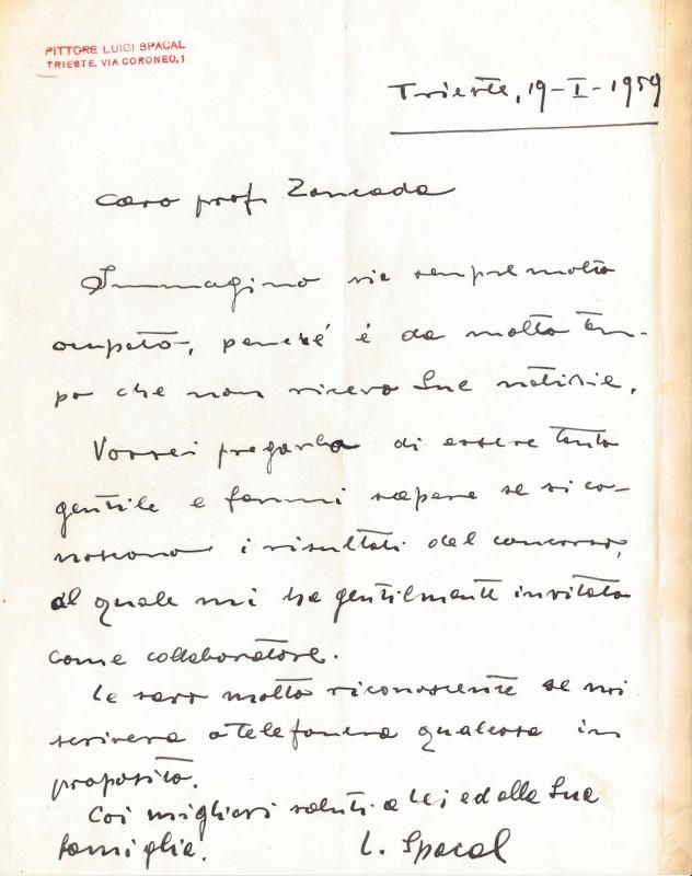 Lettera di Luigi Spacal, 1959 gen. 19