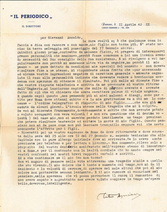 Lettera di Tito Aguiari a Giovanni Ansaldo, 11-04-1942