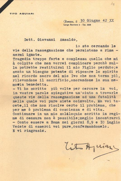 Lettera di Tito Aguiari a Giovanni Ansaldo, 20-06-1942
