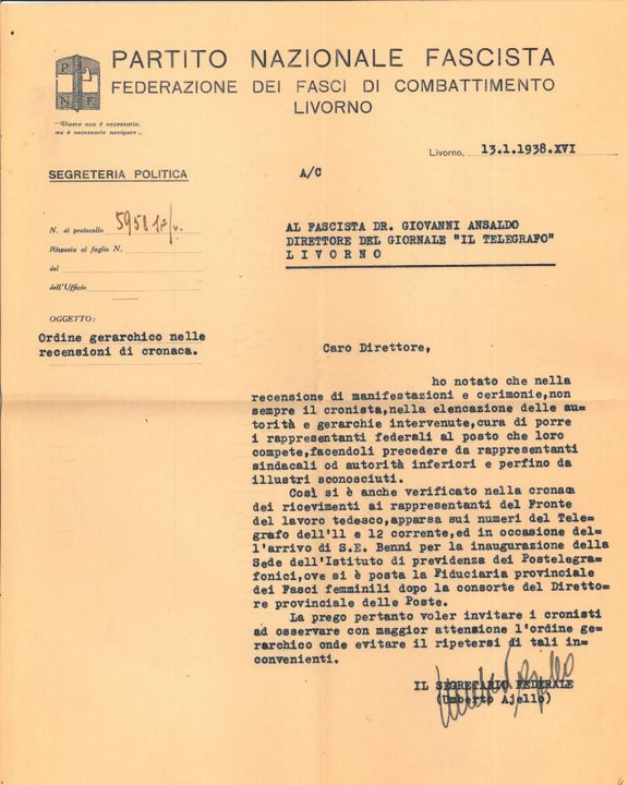 Lettera di Umberto Ajello a Giovanni Ansaldo, 13-01-1938