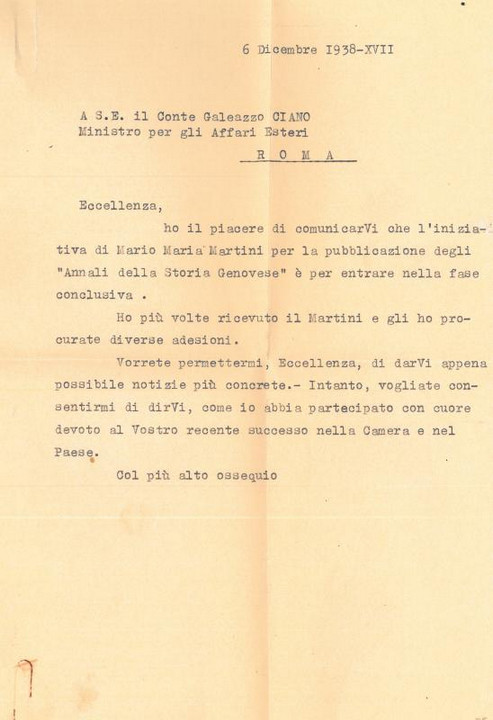 Lettera di Umberto Albini a Galeazzo Ciano, 06-12-1938