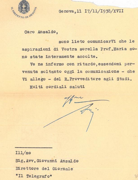 Lettera di Umberto Albini a Giovanni Ansaldo, 17-11-1938