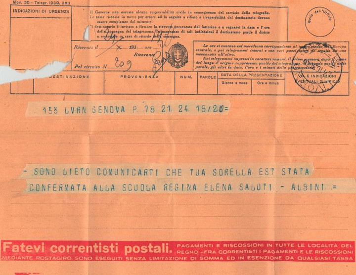 Telegramma di Umberto Albini a Giovanni Ansaldo, 1938