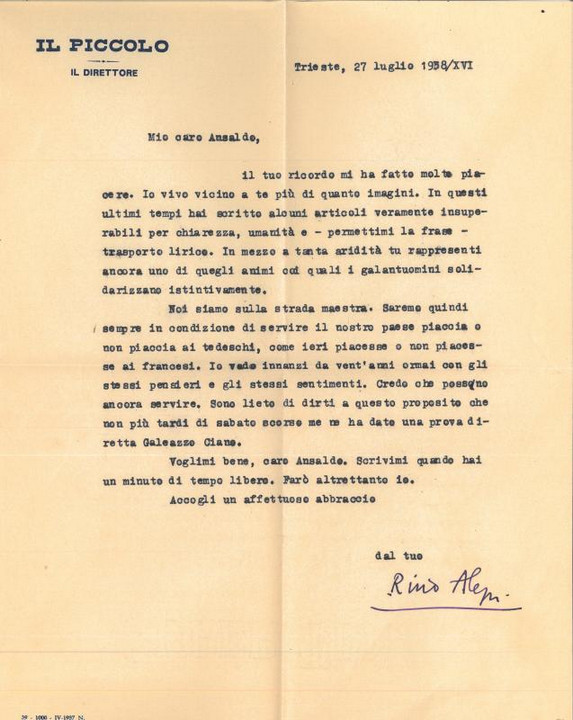 Lettera di Rino Alessi a Giovanni Ansaldo, 27-07-1938