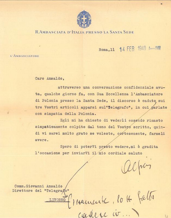 Lettera di Dino Alfieri a Giovanni Ansaldo, 14-02-1940