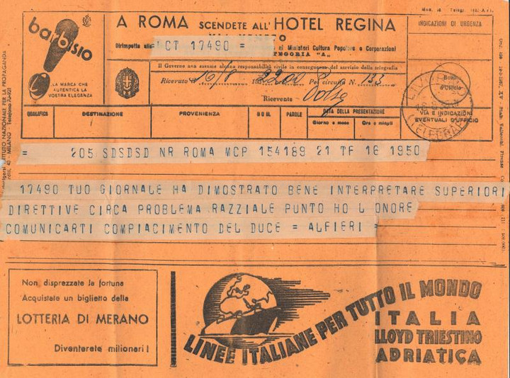 Telegramma di Dino Alfieri a Giovanni Ansaldo, 16-08-1938
