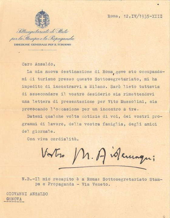 Lettera di Mirko Ardemagni a Giovanni Ansaldo, 12-04-1935