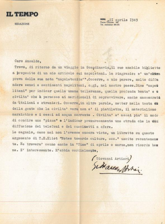 Lettera di Giovanni Artieri a Giovanni Ansaldo, 21-04-1949
