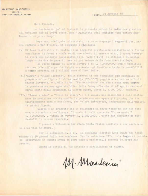 Lettera di Marcello Mascherini, 1958 gen. 23