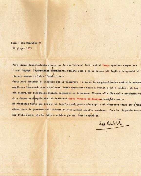 Lettera di "Mariù" Maria Vittoria Rossi, nome de plum Irene Brin, 12 giugno 1939