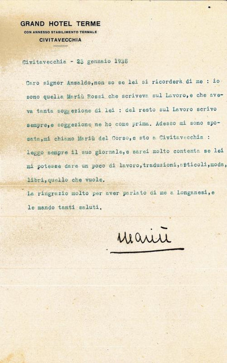 Lettera di "Mariù" Maria Vittoria Rossi, nome de plum Irene Brin, 23 gennaio 1936