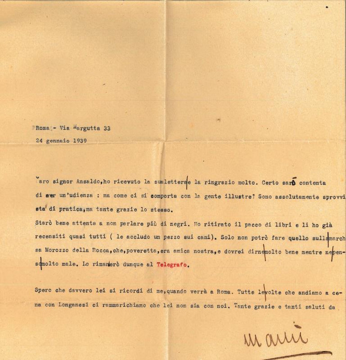 Lettera di "Mariù" Maria Vittoria Rossi, nome de plum Irene Brin, 24 gennaio 1939