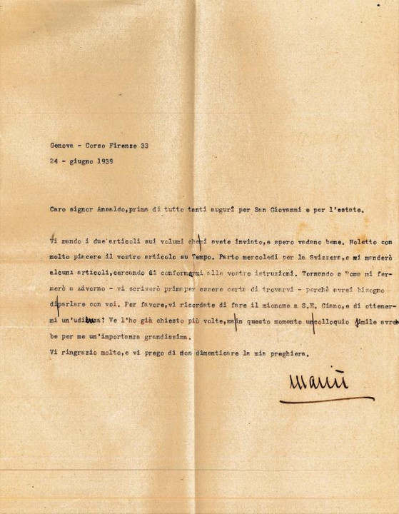 Lettera di "Mariù" Maria Vittoria Rossi, nome de plum Irene Brin, 24 giugno 1939