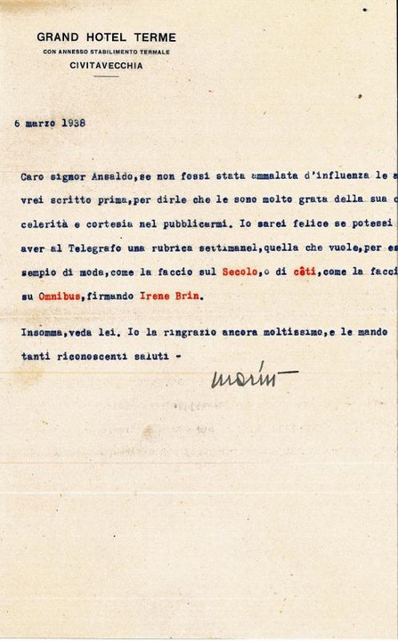 Lettera di "Mariù" Maria Vittoria Rossi, nome de plum Irene Brin, 6 marzo 1938