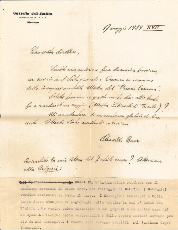 Lettera di Armando Bueri a Giovanni Ansaldo, 17-05-1939