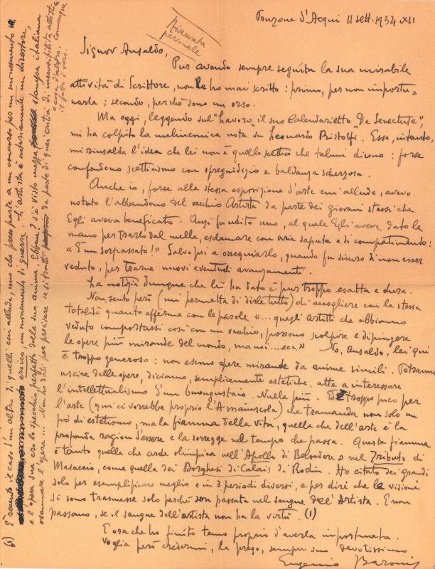 Lettera di Eugenio Baroni a Giovanni Ansaldo, 11-09-1934