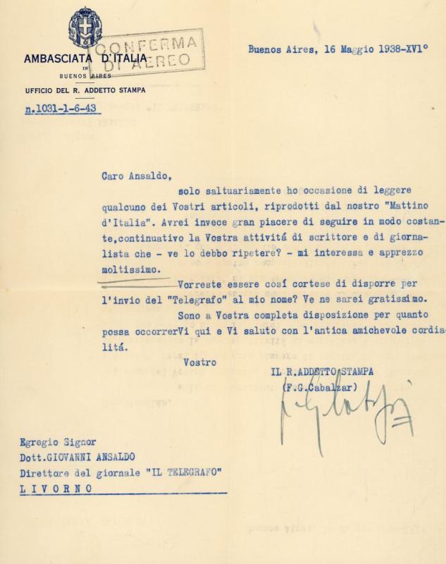 Lettera di Guido Ferruccio Calbalzar