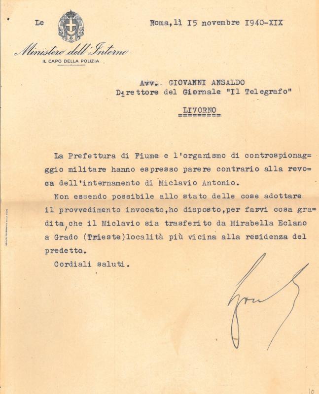 Lettera di Arturo Bocchini a Giovanni Ansaldo, 15-11-1940