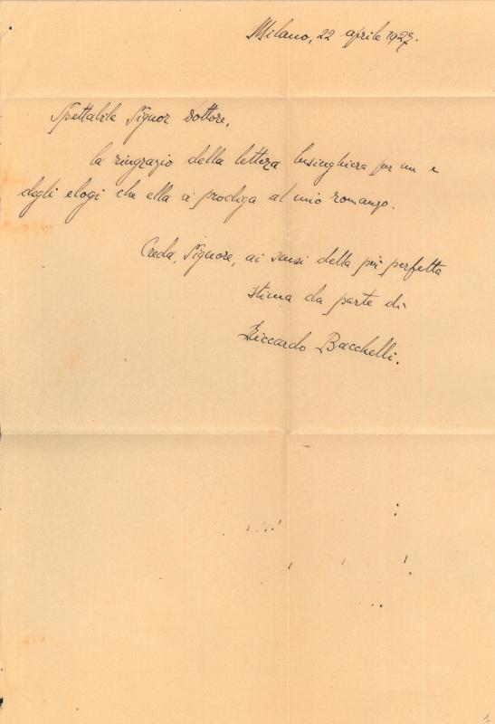 Lettera di Riccardo Bacchelli a Giovanni Ansaldo, 22-04-1927