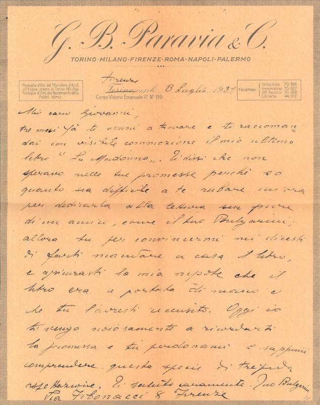 Lettera di Domenico Bulgarini a Giovanni Ansaldo, 03-07-1932