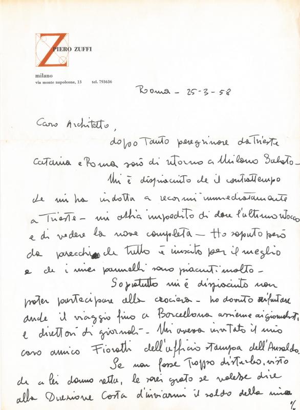 Lettera di Piero Zuffi, 1958 mar. 25