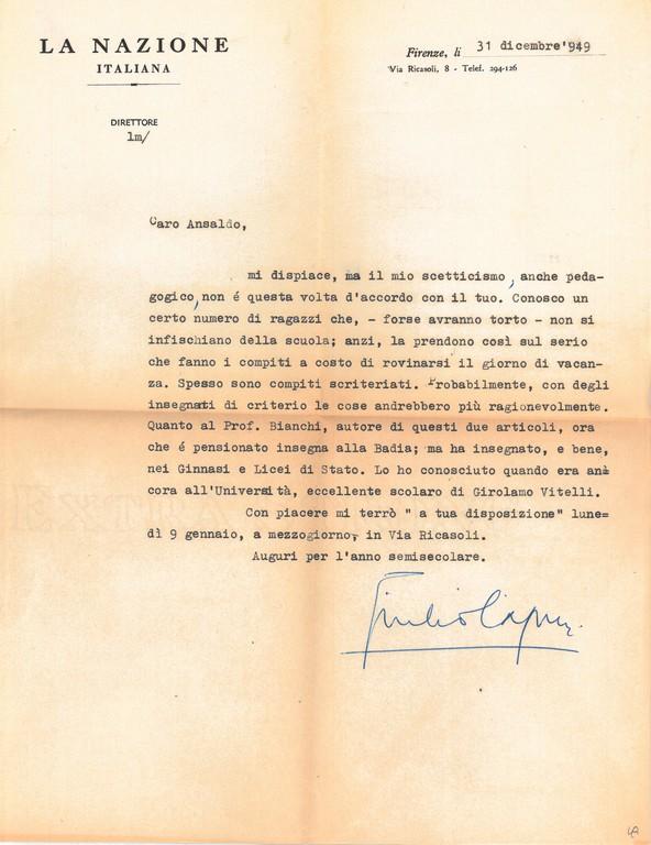 Lettera di Giulio Caprin a Giovanni Ansaldo, 31-12-1949