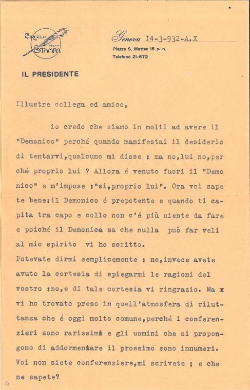 Lettera inviata da Minto a Giovanni Ansaldo, p. 1, 14 - 03 - 1932