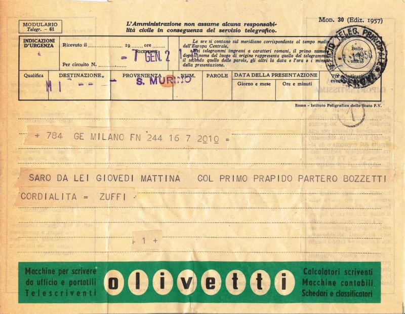 Telegramma di Piero Zuffi, 1958 gen. 07