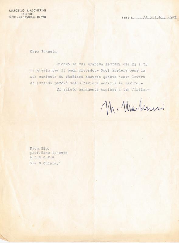Lettera di Marcello Mascherini, 1957 ott. 26