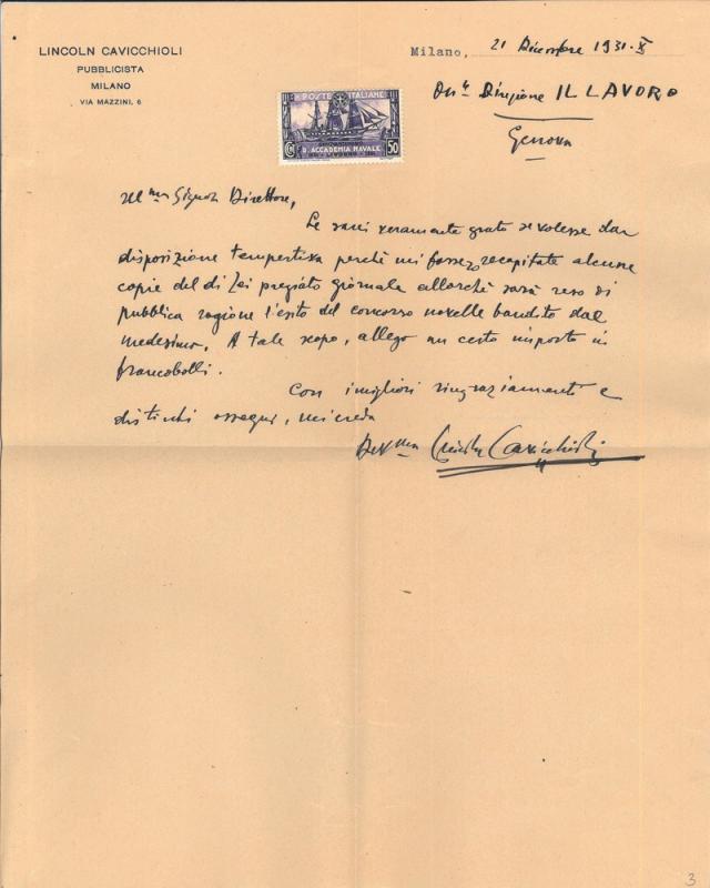 Lettera di Lincoln Cavicchioli a Giovanni Ansaldo, 21-12-1931