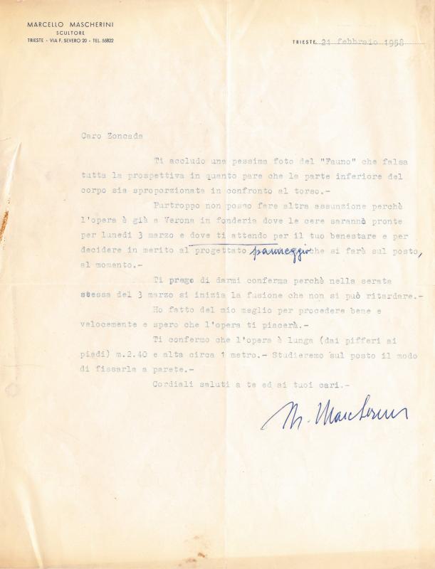 Lettera di Marcello Mascherini, 1958 feb. 21