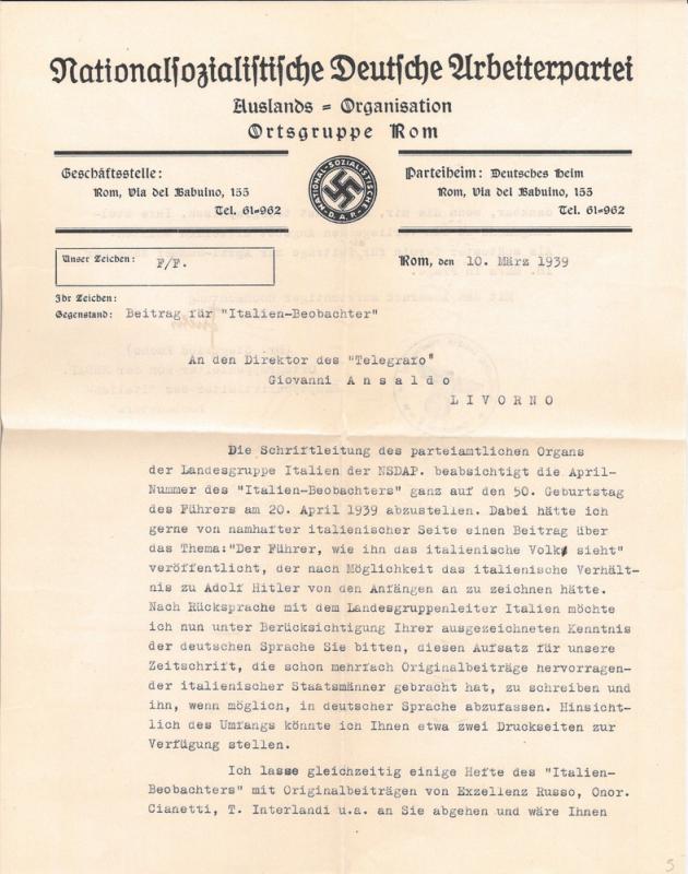 Lettera di Siegfried Fuchs a Giovanni Ansaldo,  10-03-1939 (1)