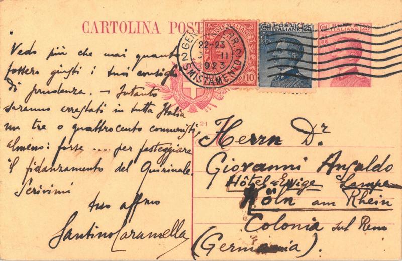Fronte cartolina di Santino Caramlla a Giovanni Ansaldo, 9-03-1923