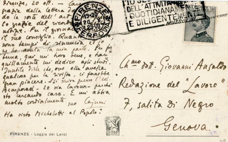 Cartolina di Arrigo Caiumi, retro, 1929, Firenze