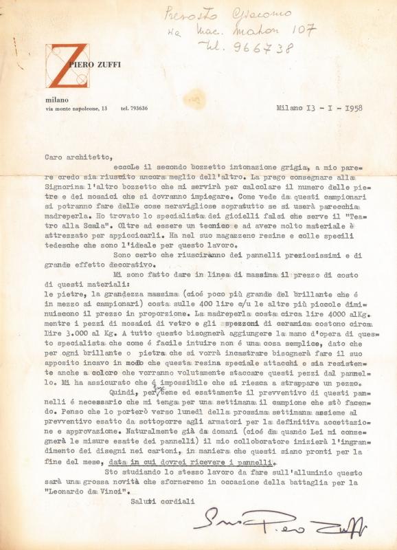 Lettera di Piero Zuffi, 1958 gen. 13