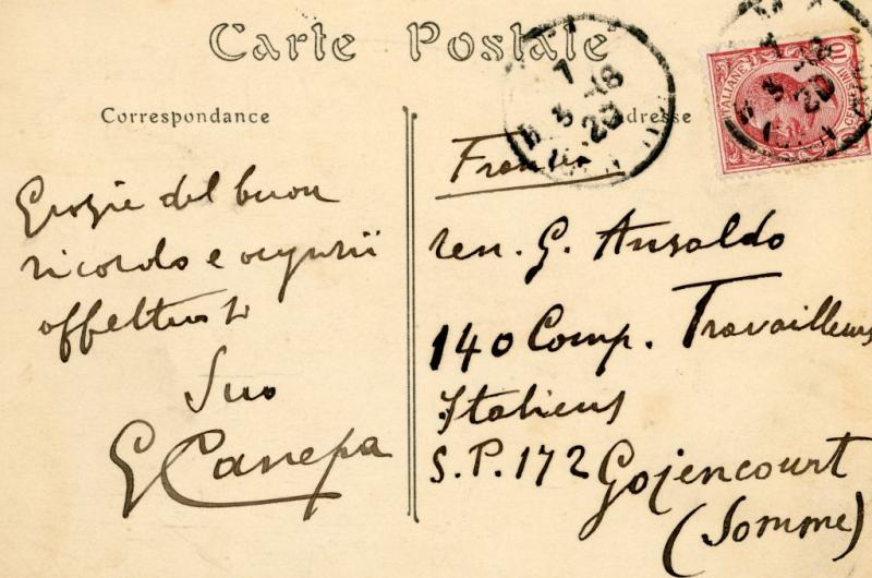 Retro della cartolina di Giuseppe Canepa, 1920