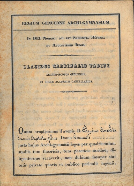 Diploma in Chirurgia di Aloisio Ansaldo, 11-08-1847, p. 1