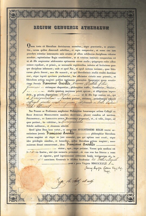 Ammissione a giurisprudenza di Francesco Ansaldo, 03-08-1840
