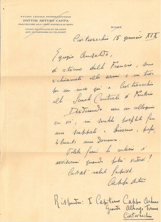 Lettera di Arturo Cappa a Giovanni Ansaldo, 15-01-1941