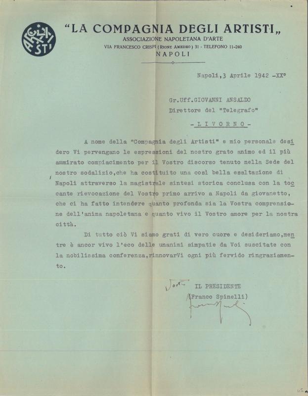 Lettera inviata da Franco Spinelli a Giovanni Ansaldo, 3 - 4 - 1942