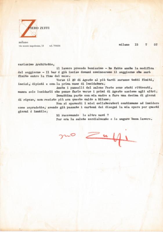 Lettera di Piero Zuffi, 1957 lug. 15